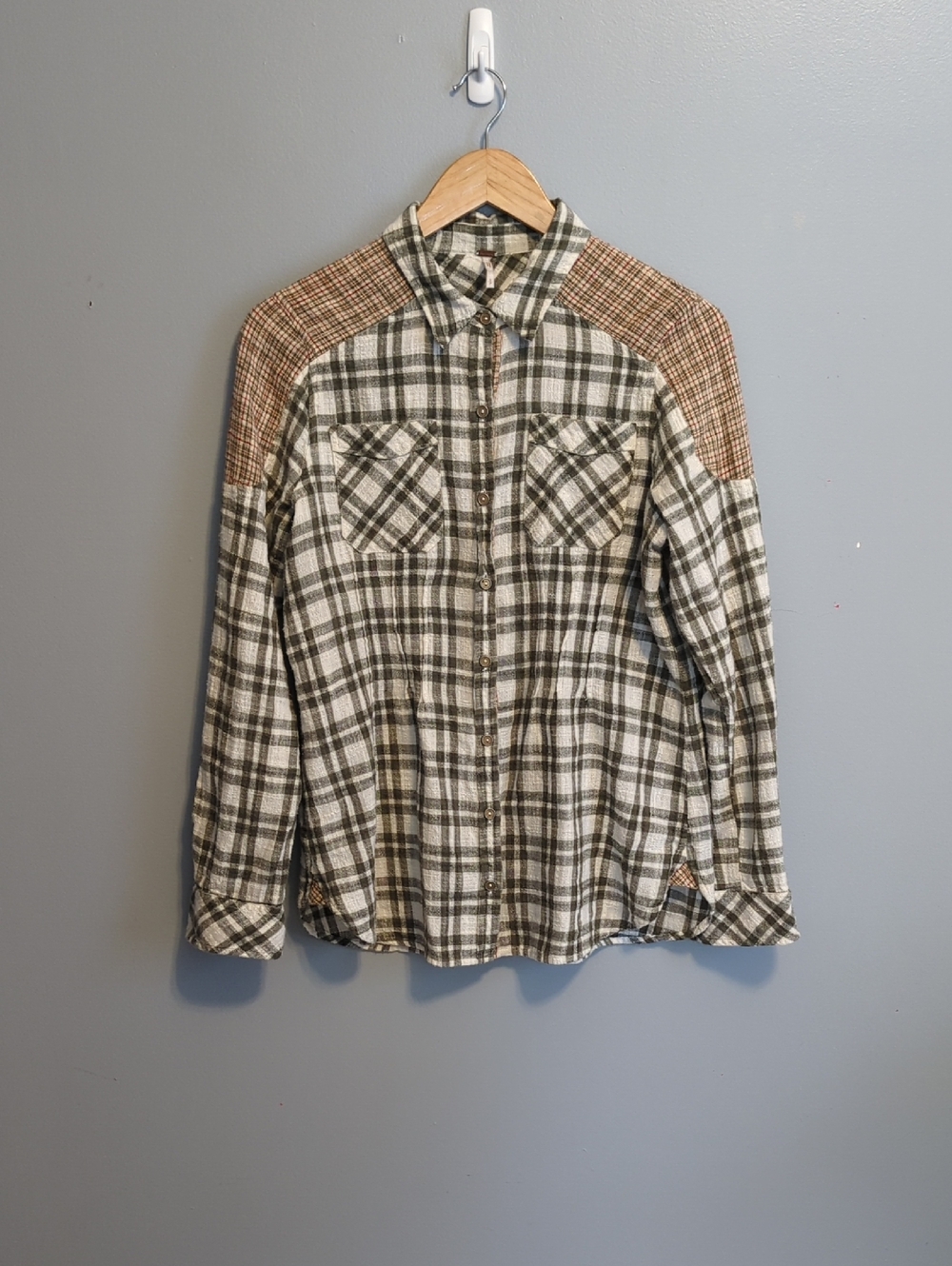 Free People Olive Green & Brown Plaid Purposely DistressedButton-Up Shirt Jacket